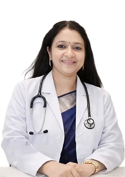 Home Dr. Priyadarshini Agarwal, leading gynecologist and obstetrician in Varanasi, wearing a doctor's coat with a stethoscope.